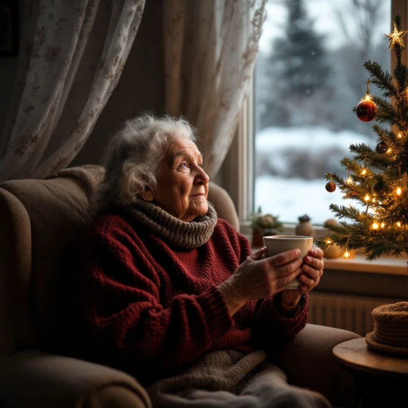 Senior lady in a red jumper holding a cup of tea by a window beside a Christmas tree