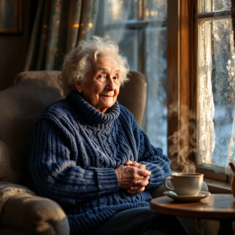 Senior lady in a blue jumper with a cup of tea by a wintry window